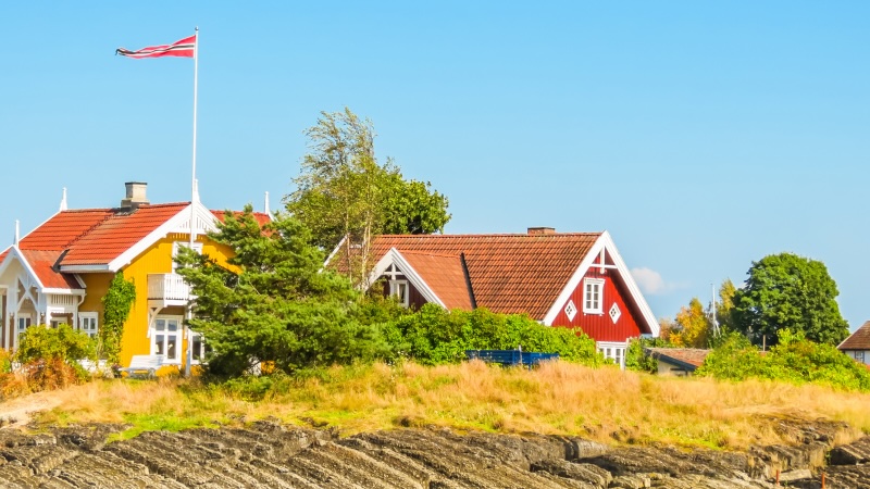Fargerike trehus med flagrende norsk flag，omgitt av trr og steinete kystlinje under en klar himmel公司